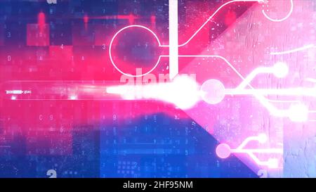 Carte flash USB avec lumière rouge insérée dans l'ordinateur portable sur l'arrière-plan des cyber-icônes.Animation abstraite avec le périphérique de mémoire flash placé dans la comput Banque D'Images