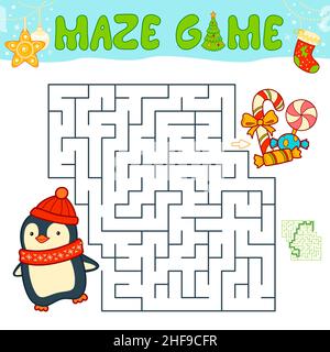 Jeu de puzzle de Noël Maze pour les enfants. Labyrinthe ou labyrinthe avec pingouin de Noël. Banque D'Images