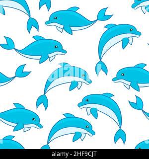Motif vectoriel sans couture avec de jolis dauphins bleus amusants sur fond blanc Illustration de Vecteur