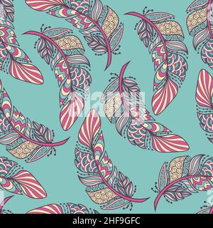 Motif vectoriel sans coutures avec de magnifiques plumes abstraites de style zénart.Pour l'impression sur tissu, papier, pour la conception de couvertures, emballages Illustration de Vecteur
