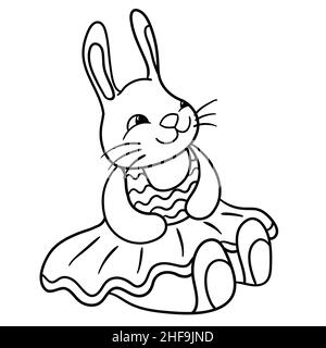 Page de coloriage vectorielle avec un adorable lapin en peluche dans une robe Illustration de Vecteur