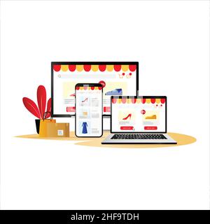 Achats en ligne via ordinateur portable, ordinateur de bureau et smartphone, marketing numérique et application Marketplace, concept d'achat d'e-commerce. Illustration de Vecteur