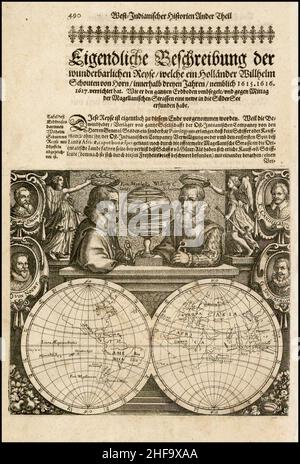 Schouten et Blaeu carte sans titre - carte de l'hémisphère double avec des Portraits de Magellan, Schoten, Drake, Von Noort, Cavendish,Et Speilbergen c.1618. Banque D'Images