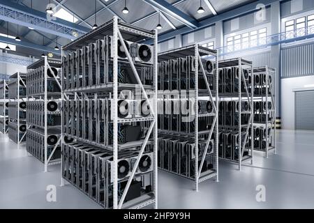 3d rendu de la ferme d'exploitation minière de crypto avec carte graphique ou rack gpu dans l'entrepôt Banque D'Images