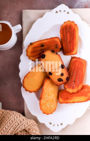 Magnifique biscuits Shell Madeleine gros plan sur la table, Madeleine avec des jetons de chocolat Banque D'Images