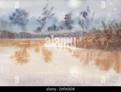 Arrière-plan paysage.Illustrations d'art aquarelle tendance et minimalistes.Peinture naturelle originale avec peintures acryliques. Banque D'Images