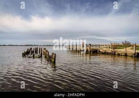 L'embarcadère du ferry et les groynes en bois dans le Wiek danois près de Ludwigsburg, Mecklembourg-Poméranie occidentale, Allemagne Banque D'Images