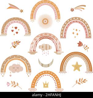 rainbows nuages fleurs style boho illustration de couleur vecteur clipart Illustration de Vecteur