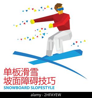 Sports d'hiver - Snowboard Slopestyle.Snowboardeur de dessins animés pendant un saut. Illustration de Vecteur