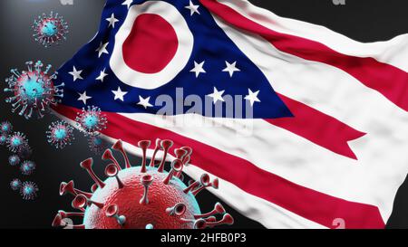 Ohio et pandémie de covid - virus attaquant un drapeau d'État de l'Ohio comme symbole d'un combat et d'une lutte contre la pandémie de virus dans cet État, 3D illustrat Banque D'Images