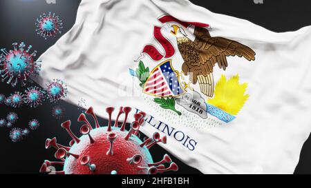 L'Illinois et la pandémie de covid - le virus attaquant un drapeau d'État de l'Illinois comme symbole d'une lutte et d'une lutte contre la pandémie de virus dans cet état, 3D i Banque D'Images