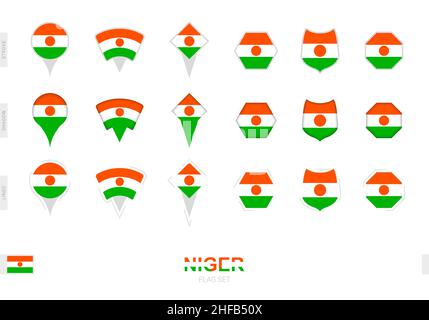 Collection du drapeau du Niger sous différentes formes et avec trois effets différents.Ensemble d'indicateurs vectoriels. Illustration de Vecteur