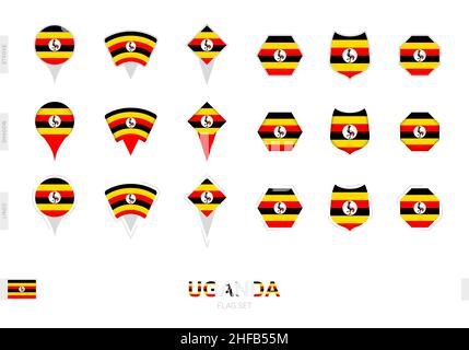 Collection du drapeau de l'Ouganda dans différentes formes et avec trois effets différents.Ensemble d'indicateurs vectoriels. Illustration de Vecteur