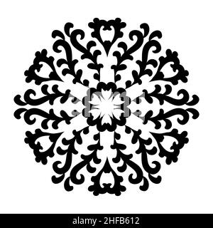 Mandala à fleurs rondes avec volutes.Décoration circulaire de style oriental.Répétition circulaire vectorielle.Noir et blanc. Illustration de Vecteur