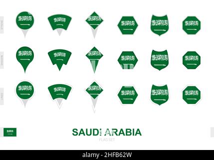 Collection du drapeau de l'Arabie Saoudite sous différentes formes et avec trois effets différents.Ensemble d'indicateurs vectoriels. Illustration de Vecteur