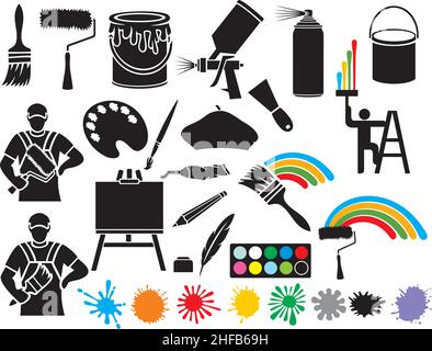 Collection d'icônes de peinture (brosse, rouleau, béret, seau, toile sur chevalet, boîte de peinture, palette d'art) Illustration de Vecteur