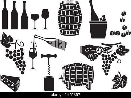 Ensemble de symboles pour le vin (tire-bouchon, ouvre-bouchon, liège, sécateur ou taille-pruneaux, tonneau, bouteille, verre, raisin, fromage, feuilles) Illustration de Vecteur