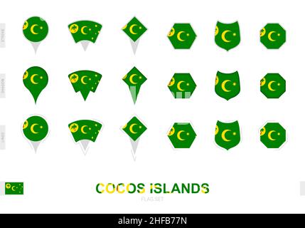 Collection du drapeau des îles Cocos de différentes formes et avec trois effets différents.Ensemble d'indicateurs vectoriels. Illustration de Vecteur