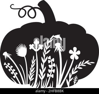 Illustration vectorielle à motif citrouille fleuri. Silhouettes d'herbe (fleurs et plantes). Illustration de Vecteur