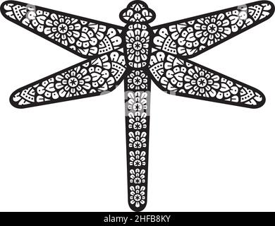 Mandala libellule noir et blanc icône vectorielle (Boho Design) Illustration de Vecteur