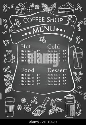 Café-restaurant Menu manuscrit sur tableau noir pour affiche de bannière de circulaire de café en portrait avec différentes boissons desserts gâteau tarte Illustration de Vecteur