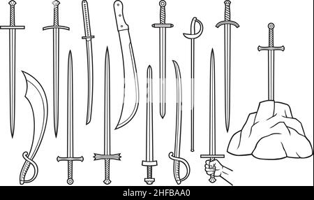 Jeu d'icônes d'épées fines (sabre, machete, katana, excalibur dans la pierre).Illustration vectorielle. Illustration de Vecteur