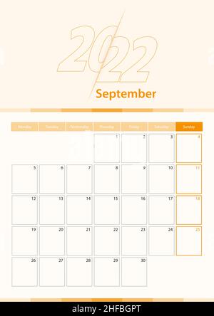 Feuille de calendrier verticale vectorielle moderne pour septembre 2022, planificateur en anglais.Calendrier de couleur orange. Illustration de Vecteur