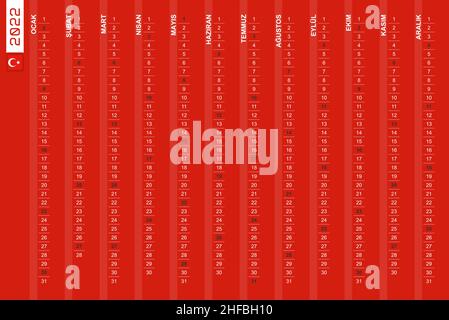 Calendrier vertical d'une rangée pour l'année 2022 en turc.Calendrier turc pour 2022 avec les dimanches mis en évidence.Illustration vectorielle. Illustration de Vecteur