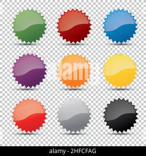 Promotion solde badges dans différentes couleurs ou étoiles autocollants icônes, pour logo isolé sur fond transparent à carreaux, espace pour les copies pour le modèle « x » Illustration de Vecteur