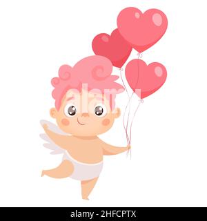 cupidon mignon avec ballons en forme de coeur.Personnage de dessin animé vectoriel pour la Saint-Valentin. Illustration de Vecteur