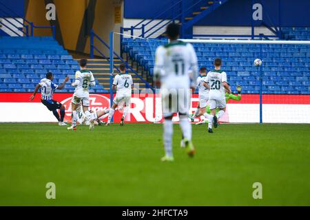 Hillsborough, Sheffield, Angleterre -15th janvier 2022 Nathaniel Mendez-Laing (41) de Sheffield Wednesday partitions to Make it 2 - 0 pendant le match Sheffield Wednesday v Plymouth Argyle, Sky Bet League One, 2021/22, Hillsborough, Sheffield, Angleterre - 15th janvier 2022 Credit: Arthur Haigh/WhiteRosePhotos/Alay Live News Banque D'Images