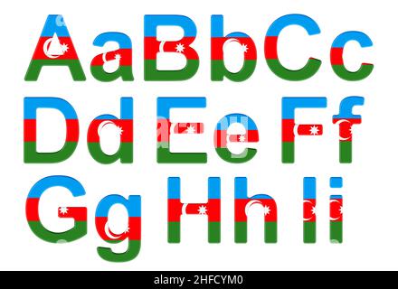 Lettres avec drapeau azerbaïdjanais.A, B, C, D, E,F, G, H, I majuscules et minuscules.3D rendu isolé sur fond blanc Banque D'Images