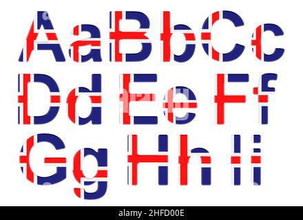 Lettres avec drapeau islandais.A, B, C, D, E,F, G, H, I majuscules et minuscules.3D rendu isolé sur fond blanc Banque D'Images