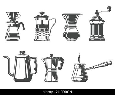 Vaisselle à café et thé infusé, presse française, cafetière, bouilloire et moka, outils pour barista, vecteur Illustration de Vecteur