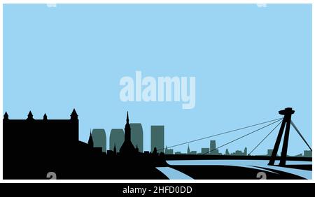 Ville de Bratislava, panorama urbain avec pont SNP, château et vieille ville de Bratislava, Vector Illustration de Vecteur