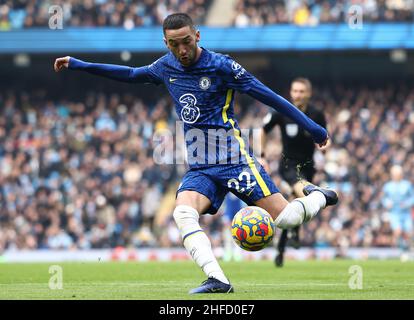 Manchester, Angleterre, 15th janvier 2022.Hakin Ziyech de Chelsea pendant le match de la première Ligue au Etihad Stadium, Manchester.Le crédit photo doit être lu : Darren Staples / Sportimage Banque D'Images