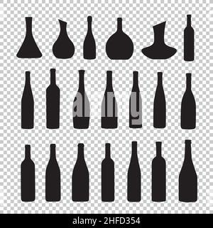 ensemble de flacons et de verres vectoriels avec icône en forme de silhouette sur fond transparent à carreaux.Illustration vectorielle.Fichier vectoriel EPS 10. Illustration de Vecteur