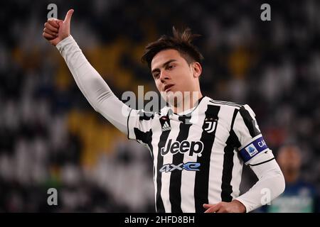 Turin, Italie.15th janvier 2022.Paulo Dybala de Juventus FC réagit lors du match de football de la série 2021/2022 entre Juventus FC et Udinese Calcio au stade Juventus de Turin (Italie), le 15th janvier 2021.Photo Federico Tardito/Insidefoto Credit: Insidefoto srl/Alay Live News Banque D'Images