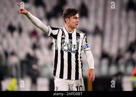 Turin, Italie.15th janvier 2022.Paulo Dybala de Juventus FC réagit lors du match de football de la série 2021/2022 entre Juventus FC et Udinese Calcio au stade Juventus de Turin (Italie), le 15th janvier 2021.Photo Federico Tardito/Insidefoto Credit: Insidefoto srl/Alay Live News Banque D'Images