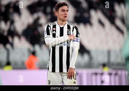 Turin, Italie.15th janvier 2022.Paulo Dybala de Juventus FC réagit lors du match de football de la série 2021/2022 entre Juventus FC et Udinese Calcio au stade Juventus de Turin (Italie), le 15th janvier 2021.Photo Federico Tardito/Insidefoto Credit: Insidefoto srl/Alay Live News Banque D'Images