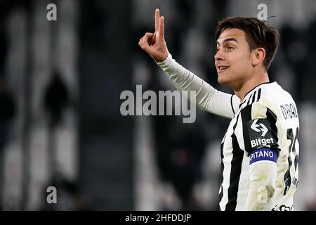 Turin, Italie.15th janvier 2022.Paulo Dybala de Juventus FC réagit lors du match de football de la série 2021/2022 entre Juventus FC et Udinese Calcio au stade Juventus de Turin (Italie), le 15th janvier 2021.Photo Federico Tardito/Insidefoto Credit: Insidefoto srl/Alay Live News Banque D'Images