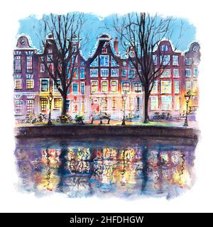 Croquis couleur aquarelle du canal d'Amsterdam Leidsegracht avec maisons et pont typiquement hollandais, Hollande, pays-Bas Banque D'Images