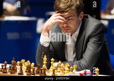 Wijk aan Zee, pays-Bas.15th janvier 2022.Jorden van Foreest des pays-Bas participe au tournoi d'échecs Tata Steel 2022 à Wijk aan Zee, pays-Bas, le 15 janvier 2022.Credit: Sylvia Lederer/Xinhua/Alamy Live News Banque D'Images