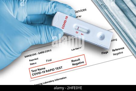 Résultat du test d'antigène négatif COVID-19 en utilisant un dispositif d'auto-test rapide tenu à la main dans un gant médical avec un masque facial médical en arrière-plan. Banque D'Images