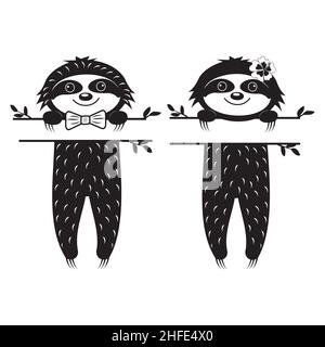 Joli petit personnage de Sloth Boy and Girl, avec séparateur de texte Black Stencil Monogram Isolated Vector Illustration Design, Imprimer, Décoration Illustration de Vecteur