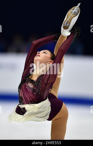 Tallinn, Estonie.15th janvier 2022.Anna Shcherbakova, de Russie, se produit pendant le programme libre des femmes aux Championnats européens de patinage artistique de l'UIP à Tallinn, Estonie, le 15 janvier 2022.Credit: Sergei Stepanov/Xinhua/Alay Live News Banque D'Images