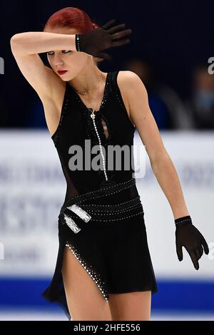 Tallinn, Estonie.15th janvier 2022.Alexandra Trusova, de Russie, se produit pendant le programme libre des femmes aux Championnats européens de patinage artistique de l'UIP à Tallinn, Estonie, le 15 janvier 2022.Credit: Sergei Stepanov/Xinhua/Alay Live News Banque D'Images