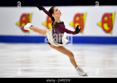 Tallinn, Estonie.15th janvier 2022.Anna Shcherbakova, de Russie, se produit pendant le programme libre des femmes aux Championnats européens de patinage artistique de l'UIP à Tallinn, Estonie, le 15 janvier 2022.Credit: Sergei Stepanov/Xinhua/Alay Live News Banque D'Images