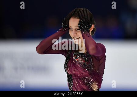 Tallinn, Estonia. 15th Jan, 2022. Anna Shcherbakova of Russia reacts during the women's free program at the ISU European Figure Skating Championships in Tallinn, Estonia, Jan. 15, 2022. Credit: Sergei Stepanov/Xinhua/Alamy Live News Stock Photo