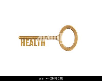 Clés anciennes de bronze vintage avec mot Health isolé sur fond blanc.Chance et capacité du concept Banque D'Images
